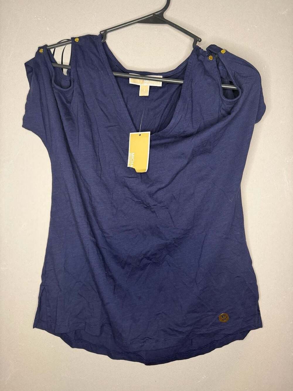 MICHAEL Michael Kors Navy Blue Cold Shoulder V-Neck T-Shirt Size S
